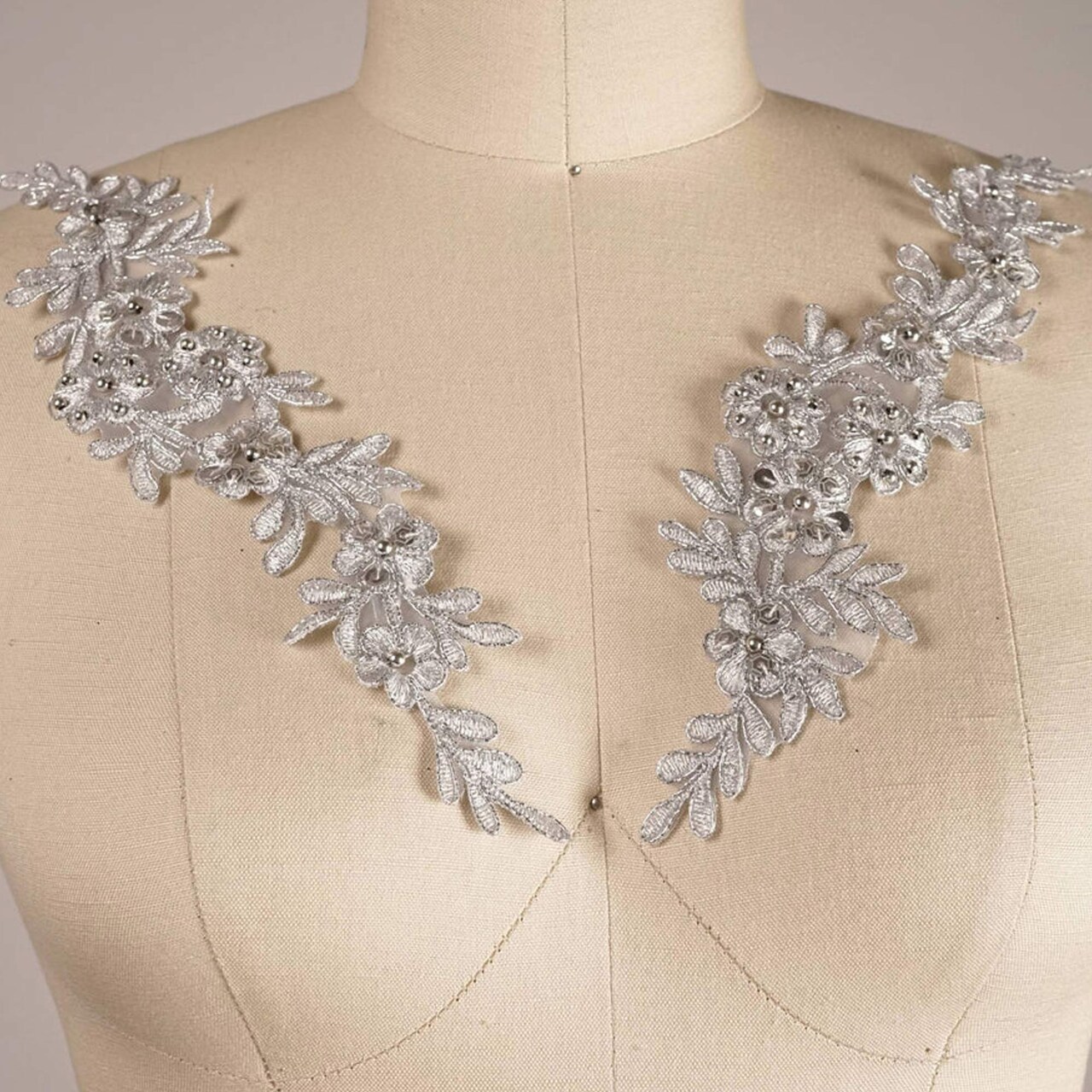 1 Pair Metallic Silver Lace Applique with Sequin and Pearl Detailing for Gowns